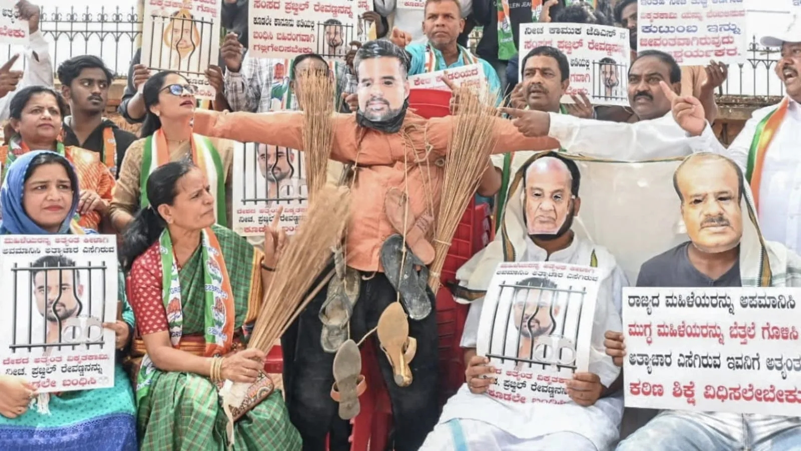 Congress workers stage protest against JDS leader Prajwal Revanna in Bengaluru.